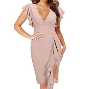 Elegant Ruffle Sleeve Pink Dress